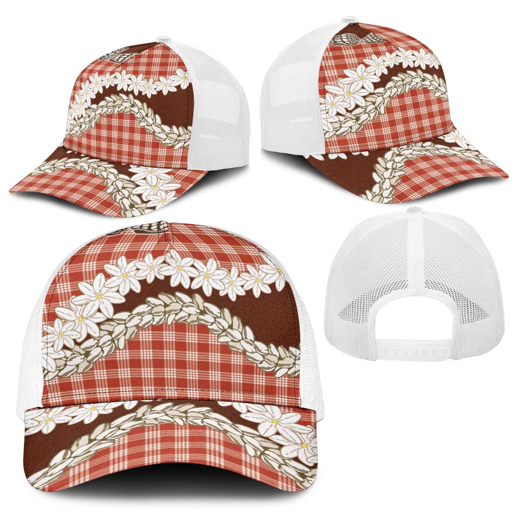 Red Hawaii Tiare and Shell Lei Baseball Net Cap Hawaiian Palaka Luxury Vibes - Polynesian Pride