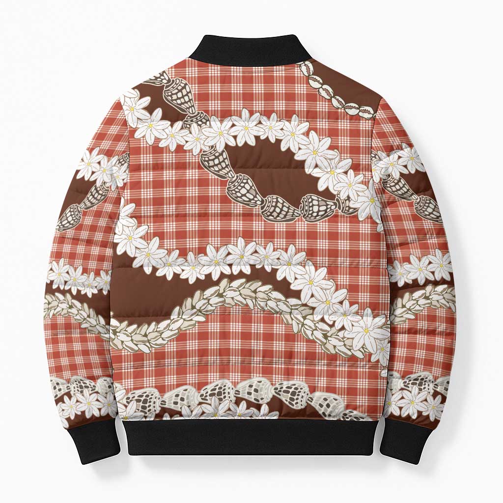 Red Hawaii Tiare and Shell Lei Bomber Puffer Jacket Hawaiian Palaka Luxury Vibes - Polynesian Pride