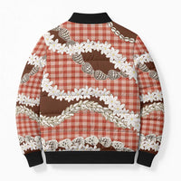Red Hawaii Tiare and Shell Lei Bomber Puffer Jacket Hawaiian Palaka Luxury Vibes - Polynesian Pride