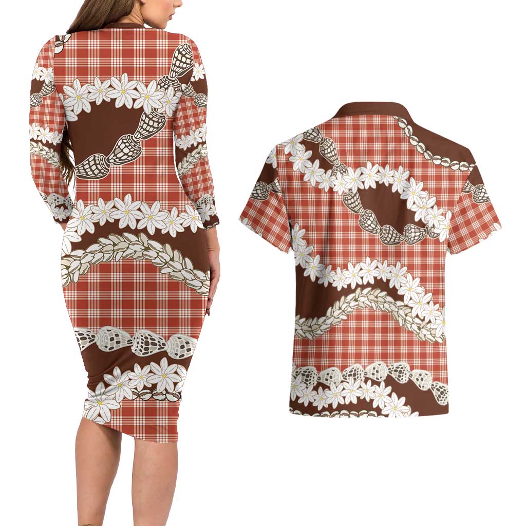 Red Hawaii Tiare and Shell Lei Couples Matching Long Sleeve Bodycon Dress and Hawaiian Shirt Hawaiian Palaka Luxury Vibes LT14 - Polynesian Pride