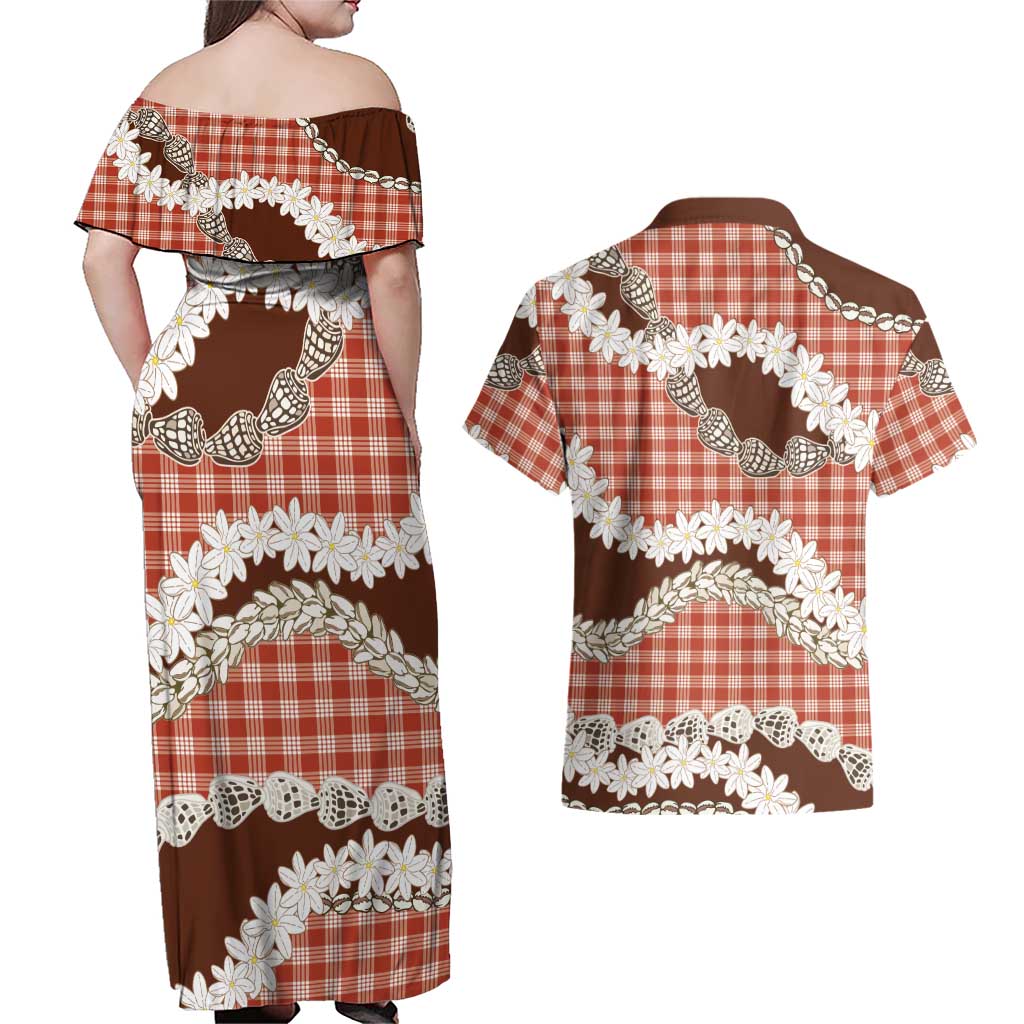 Red Hawaii Tiare and Shell Lei Couples Matching Off Shoulder Maxi Dress and Hawaiian Shirt Hawaiian Palaka Luxury Vibes - Polynesian Pride