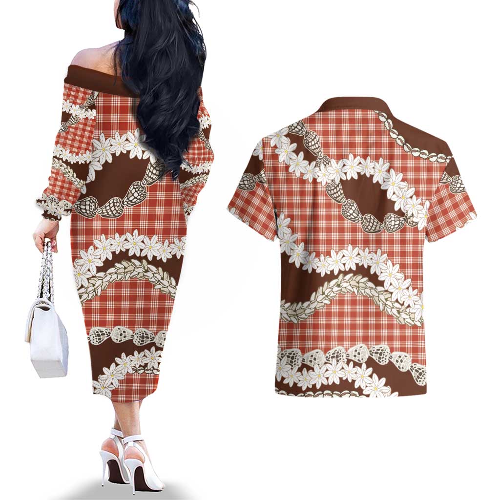 Red Hawaii Tiare and Shell Lei Couples Matching Off The Shoulder Long Sleeve Dress and Hawaiian Shirt Hawaiian Palaka Luxury Vibes LT14 - Polynesian Pride