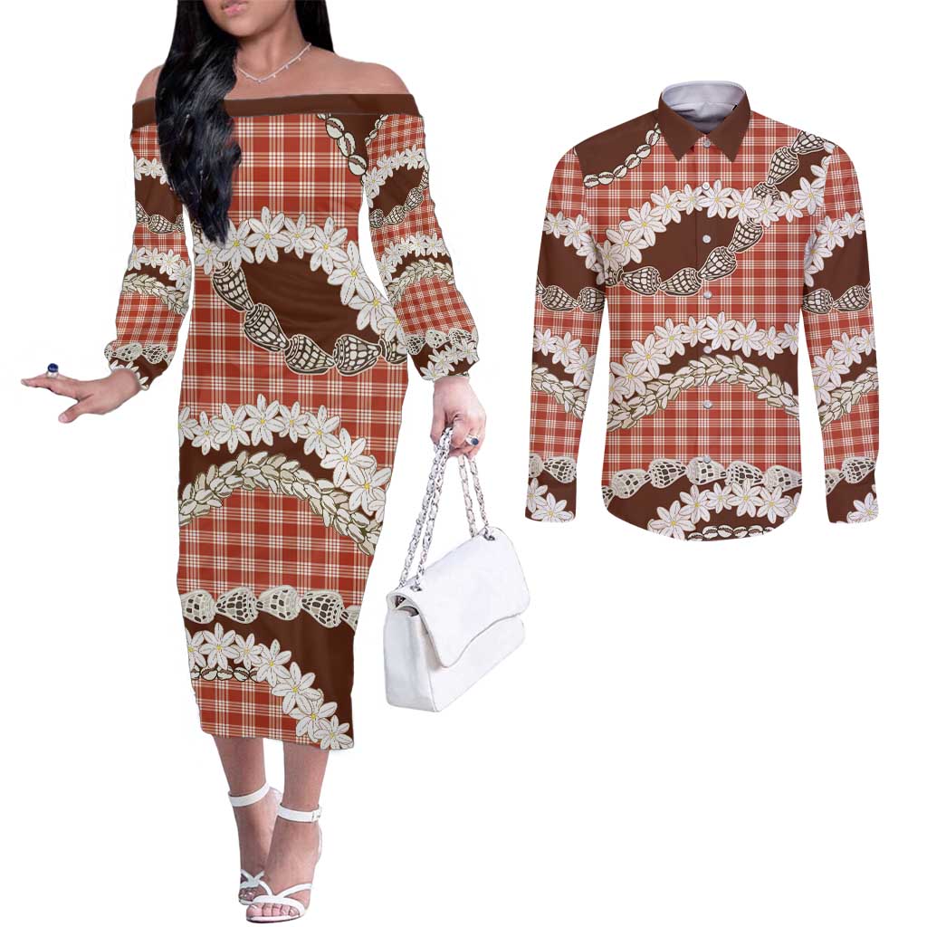 Red Hawaii Tiare and Shell Lei Couples Matching Off The Shoulder Long Sleeve Dress and Long Sleeve Button Shirt Hawaiian Palaka Luxury Vibes LT14 Red - Polynesian Pride
