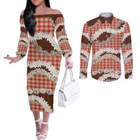 Red Hawaii Tiare and Shell Lei Couples Matching Off The Shoulder Long Sleeve Dress and Long Sleeve Button Shirt Hawaiian Palaka Luxury Vibes LT14 Red - Polynesian Pride