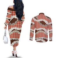 Red Hawaii Tiare and Shell Lei Couples Matching Off The Shoulder Long Sleeve Dress and Long Sleeve Button Shirt Hawaiian Palaka Luxury Vibes LT14 - Polynesian Pride