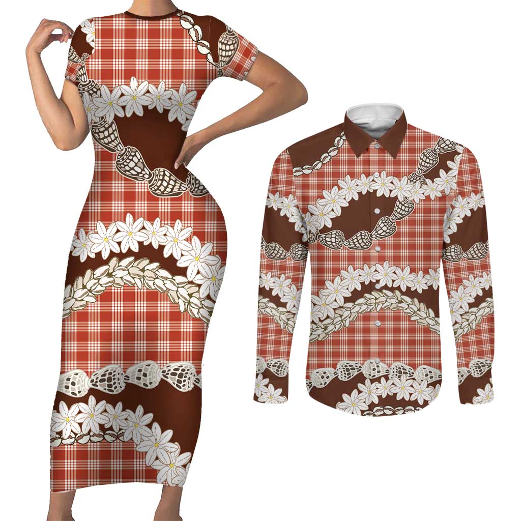 Red Hawaii Tiare and Shell Lei Couples Matching Short Sleeve Bodycon Dress and Long Sleeve Button Shirt Hawaiian Palaka Luxury Vibes - Polynesian Pride