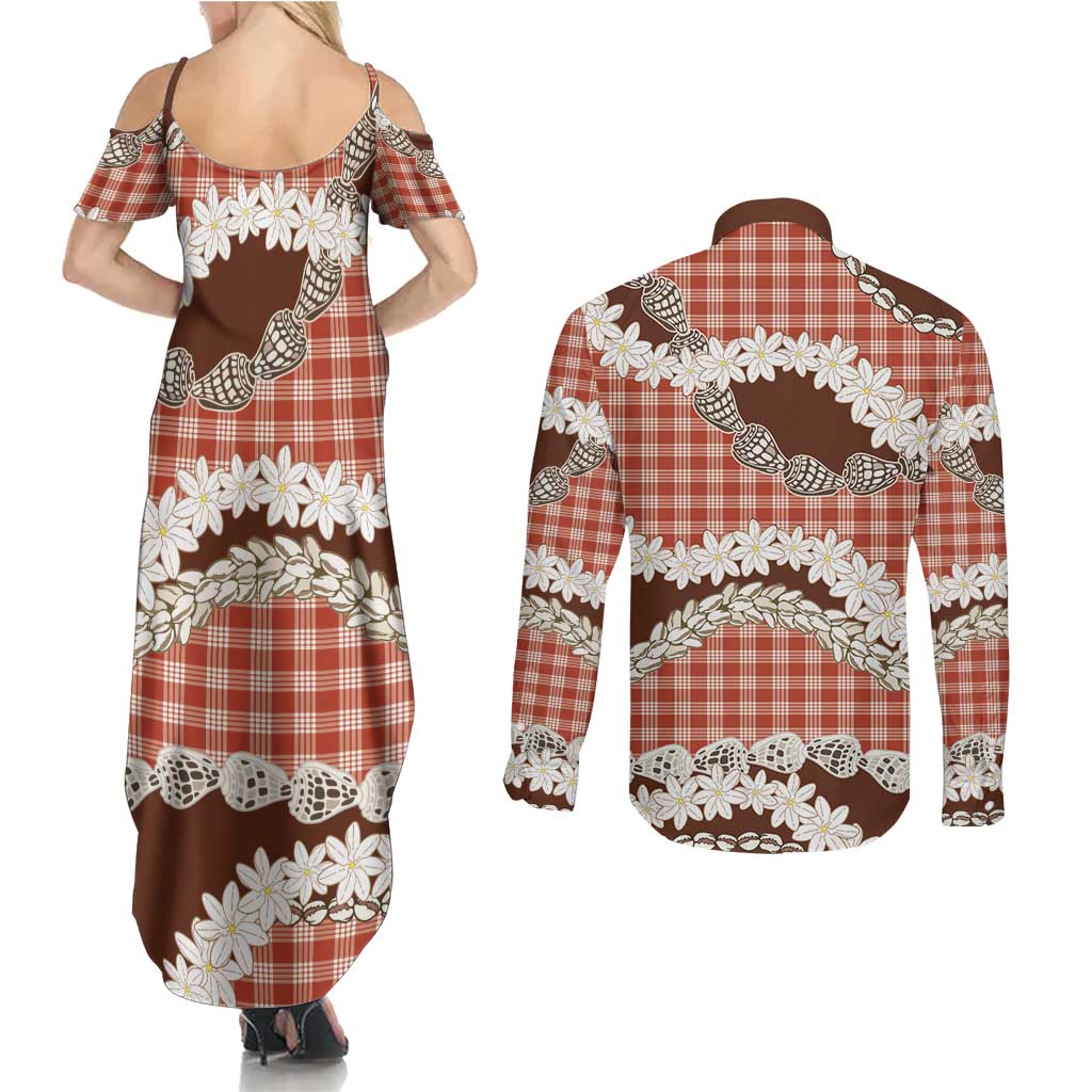 Red Hawaii Tiare and Shell Lei Couples Matching Summer Maxi Dress and Long Sleeve Button Shirt Hawaiian Palaka Luxury Vibes - Polynesian Pride