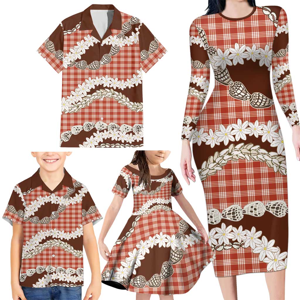 Red Hawaii Tiare and Shell Lei Family Matching Long Sleeve Bodycon Dress and Hawaiian Shirt Hawaiian Palaka Luxury Vibes LT14 - Polynesian Pride
