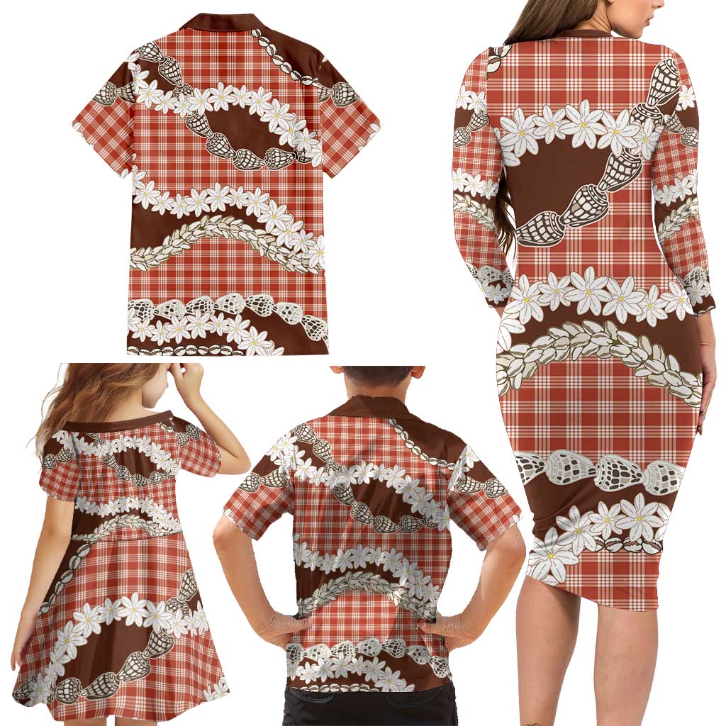 Red Hawaii Tiare and Shell Lei Family Matching Long Sleeve Bodycon Dress and Hawaiian Shirt Hawaiian Palaka Luxury Vibes LT14 - Polynesian Pride