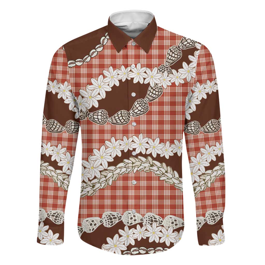 Red Hawaii Tiare and Shell Lei Family Matching Puletasi and Hawaiian Shirt Hawaiian Palaka Luxury Vibes LT14 Dad's Shirt - Long Sleeve Red - Polynesian Pride