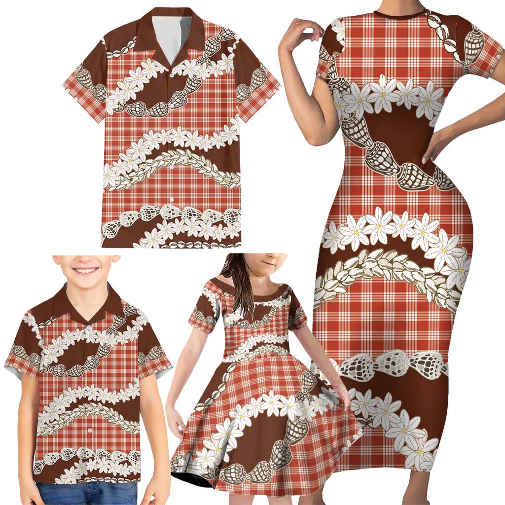 Red Hawaii Tiare and Shell Lei Family Matching Short Sleeve Bodycon Dress and Hawaiian Shirt Hawaiian Palaka Luxury Vibes LT14 - Polynesian Pride