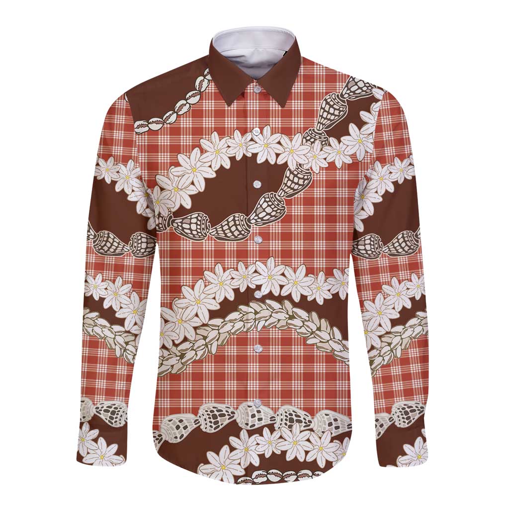 Red Hawaii Tiare and Shell Lei Long Sleeve Button Shirt Hawaiian Palaka Luxury Vibes - Polynesian Pride