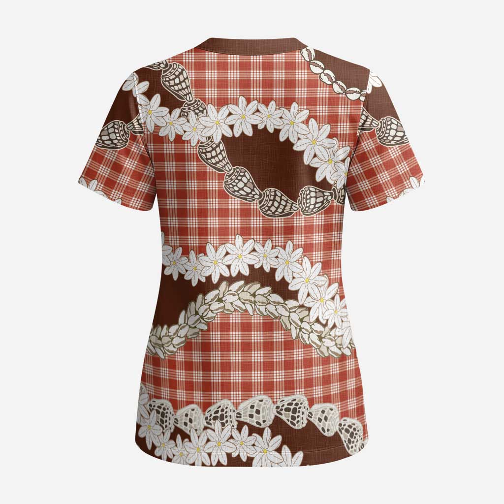 Red Hawaii Tiare and Shell Lei Scrub Top Hawaiian Palaka Luxury Vibes - Polynesian Pride