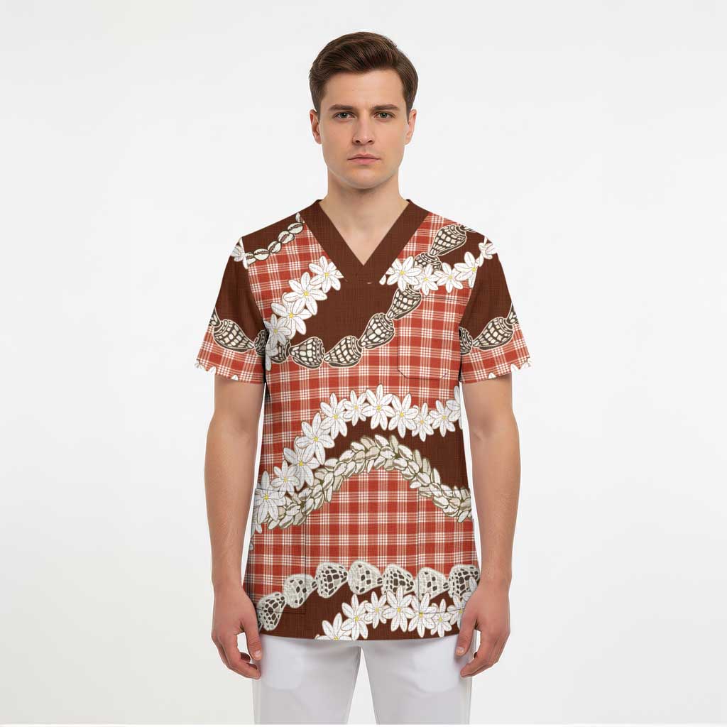 Red Hawaii Tiare and Shell Lei Scrub Top Hawaiian Palaka Luxury Vibes - Polynesian Pride