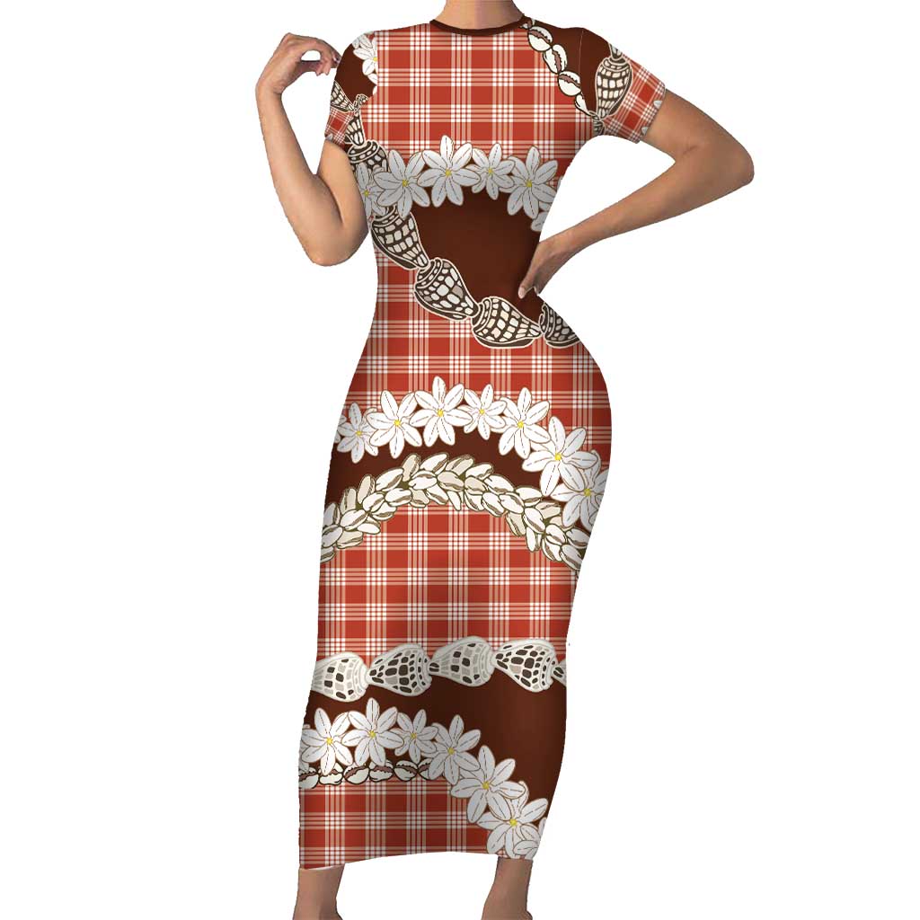 Red Hawaii Tiare and Shell Lei Short Sleeve Bodycon Dress Hawaiian Palaka Luxury Vibes - Polynesian Pride