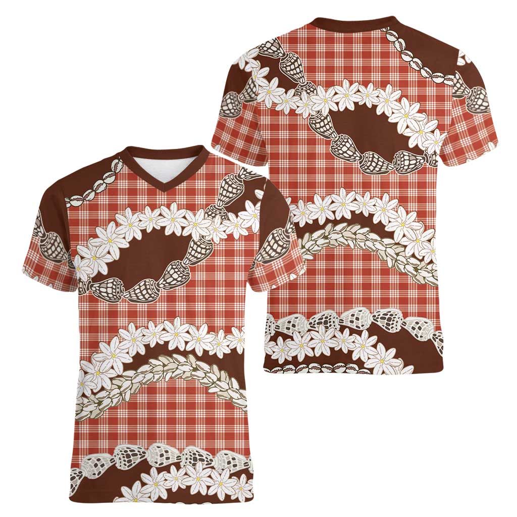 Red Hawaii Tiare and Shell Lei Women V-Neck T-Shirt Hawaiian Palaka Luxury Vibes - Polynesian Pride