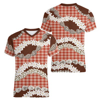 Red Hawaii Tiare and Shell Lei Women V-Neck T-Shirt Hawaiian Palaka Luxury Vibes - Polynesian Pride