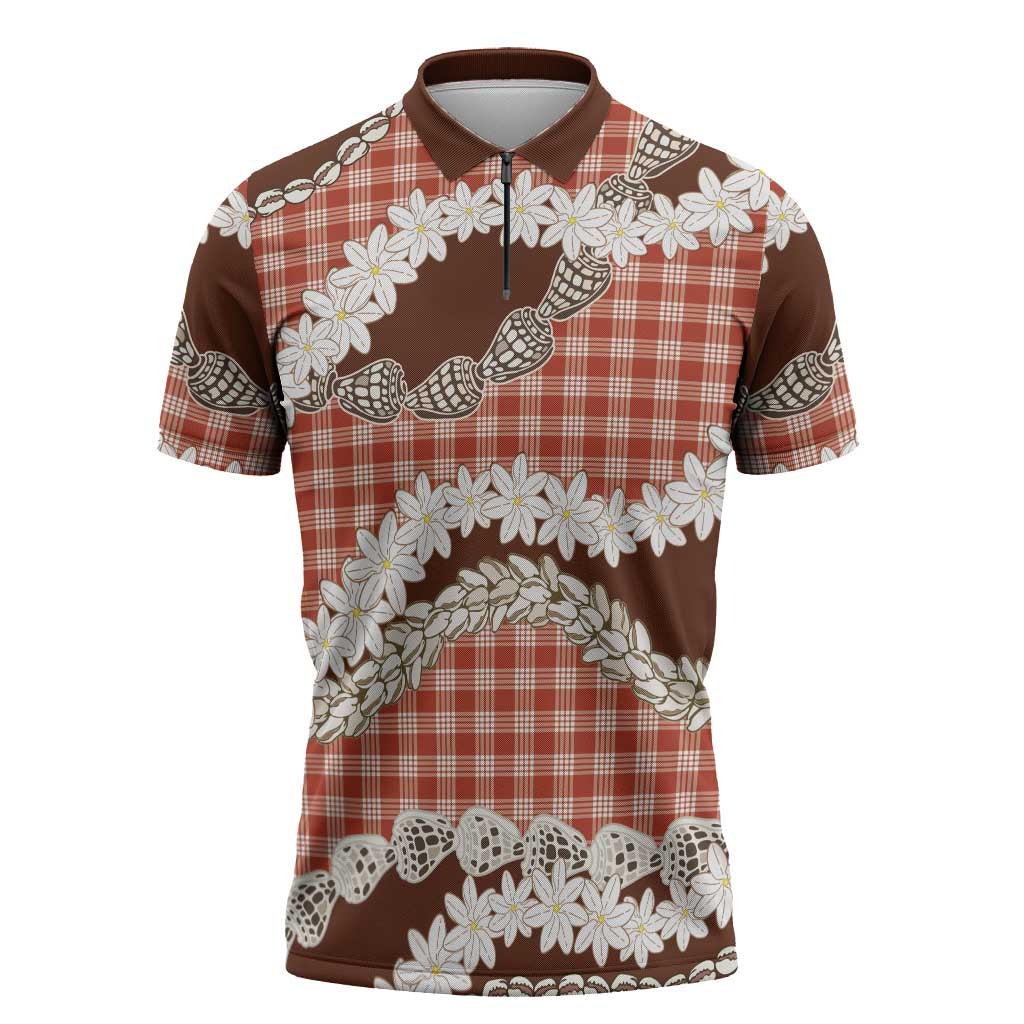 Red Hawaii Tiare and Shell Lei Zipper Polo Shirt Hawaiian Palaka Luxury Vibes - Polynesian Pride