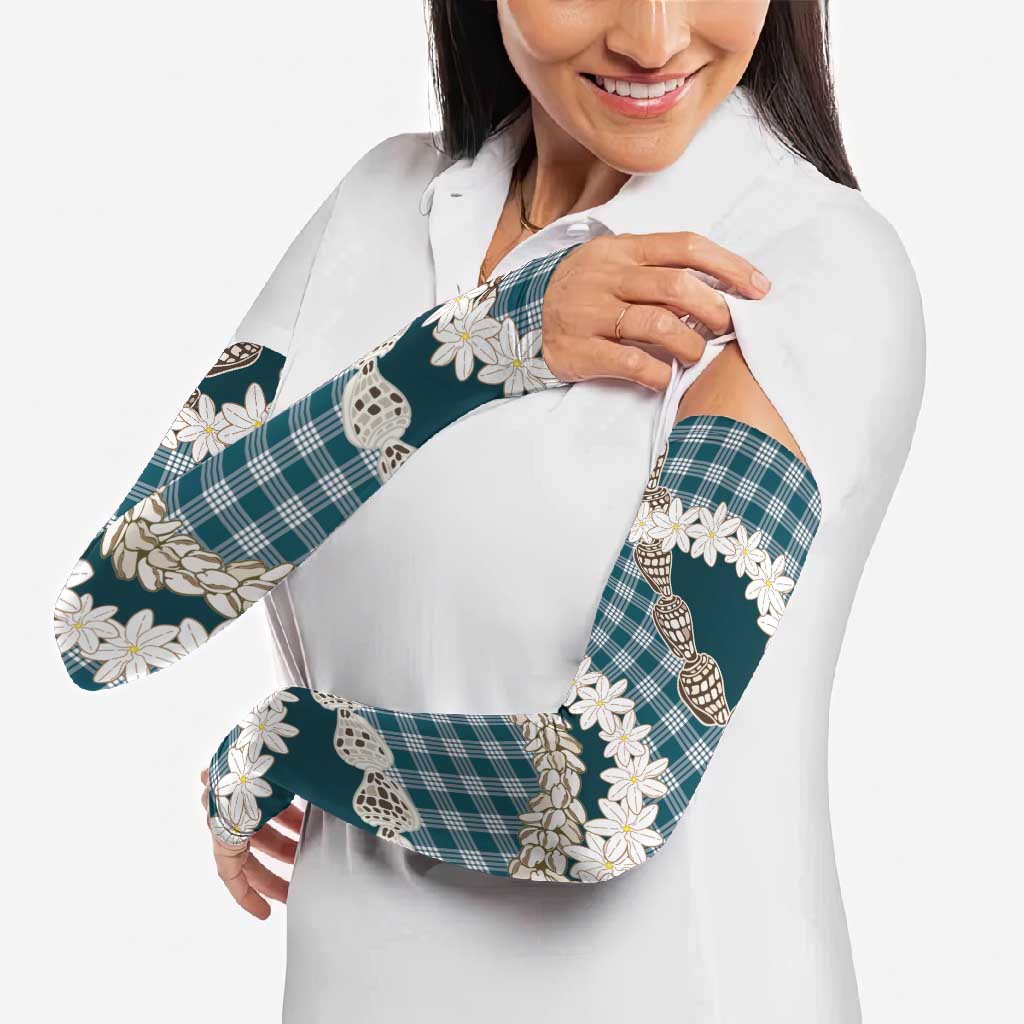 Dark Cyan Hawaii Tiare and Shell Lei Arm Sleeves Hawaiian Palaka Luxury Vibes - Polynesian Pride