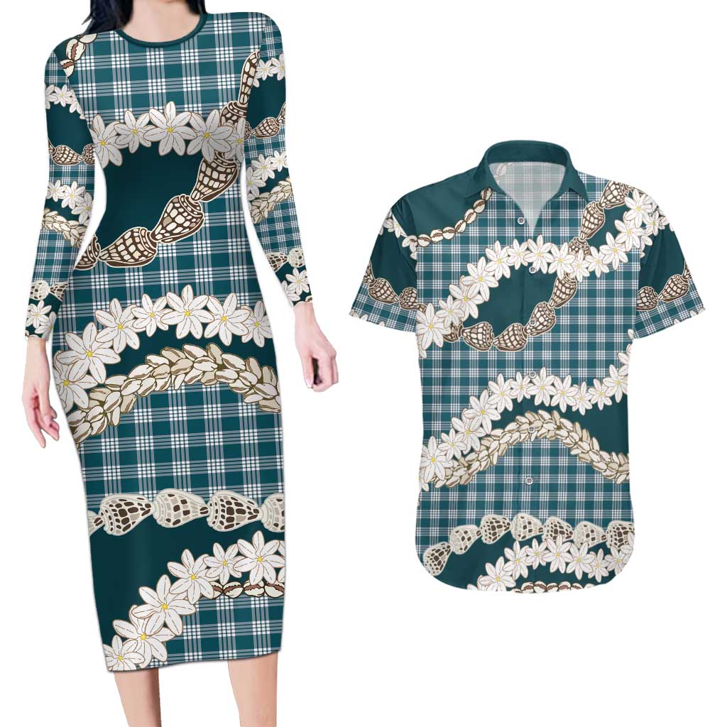 Dark Cyan Hawaii Tiare and Shell Lei Couples Matching Long Sleeve Bodycon Dress and Hawaiian Shirt Hawaiian Palaka Luxury Vibes LT14 Dark Cyan - Polynesian Pride