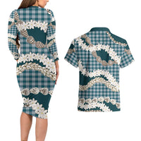 Dark Cyan Hawaii Tiare and Shell Lei Couples Matching Long Sleeve Bodycon Dress and Hawaiian Shirt Hawaiian Palaka Luxury Vibes LT14 - Polynesian Pride