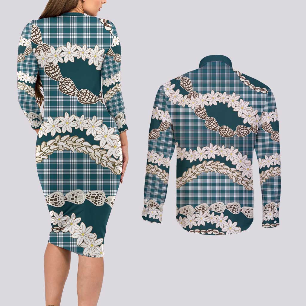 Dark Cyan Hawaii Tiare and Shell Lei Couples Matching Long Sleeve Bodycon Dress and Long Sleeve Button Shirt Hawaiian Palaka Luxury Vibes LT14 - Polynesian Pride