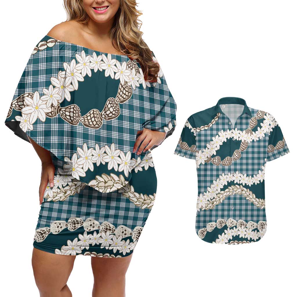 Dark Cyan Hawaii Tiare and Shell Lei Couples Matching Off Shoulder Short Dress and Hawaiian Shirt Hawaiian Palaka Luxury Vibes LT14 Dark Cyan - Polynesian Pride
