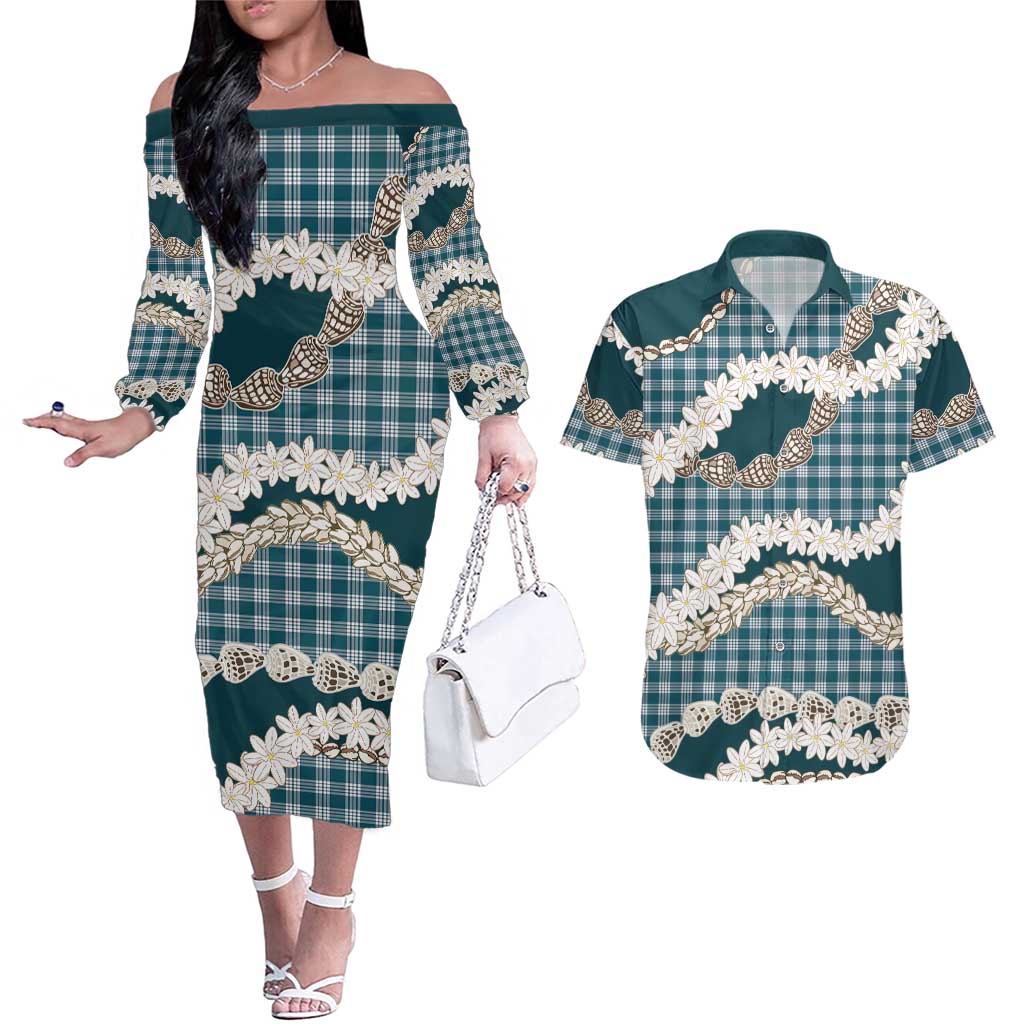 Dark Cyan Hawaii Tiare and Shell Lei Couples Matching Off The Shoulder Long Sleeve Dress and Hawaiian Shirt Hawaiian Palaka Luxury Vibes LT14 Dark Cyan - Polynesian Pride