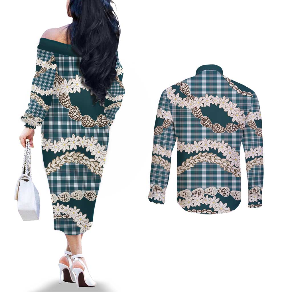 Dark Cyan Hawaii Tiare and Shell Lei Couples Matching Off The Shoulder Long Sleeve Dress and Long Sleeve Button Shirt Hawaiian Palaka Luxury Vibes LT14 - Polynesian Pride