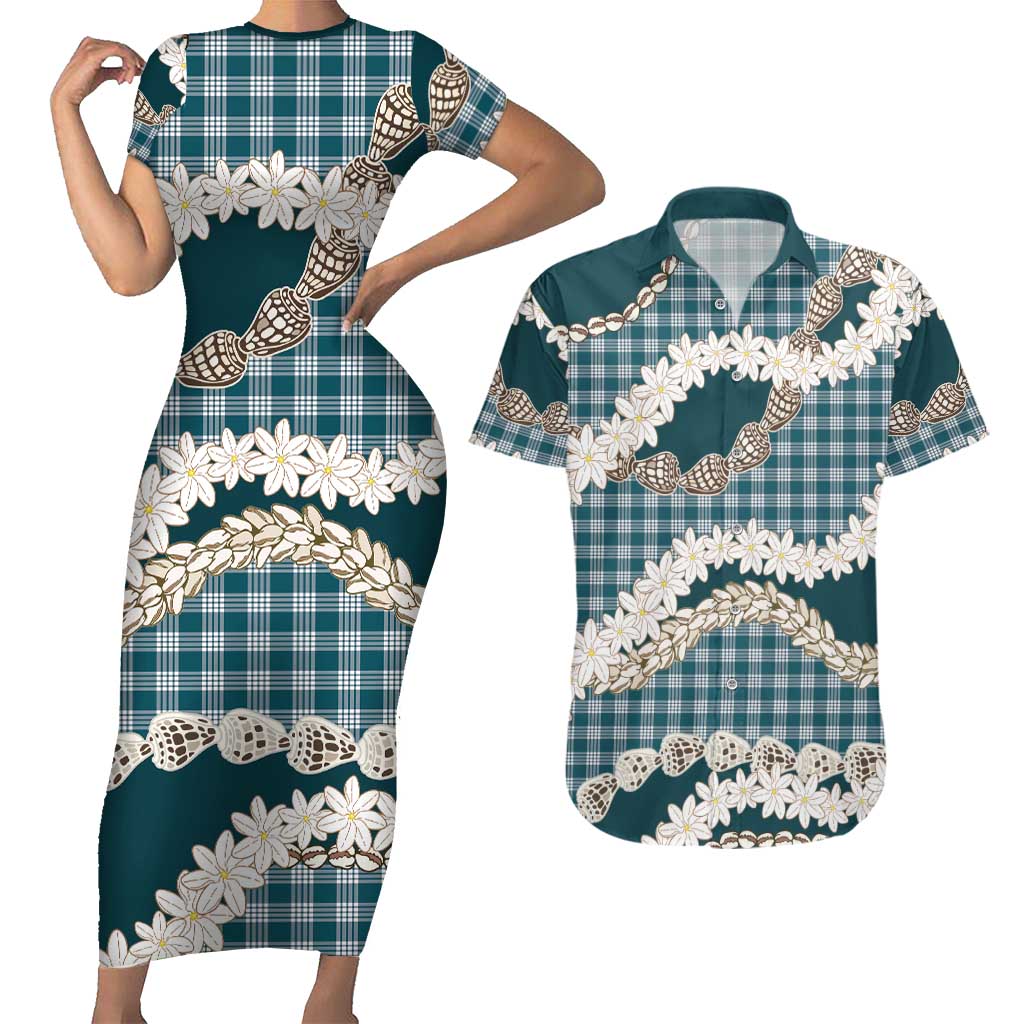 Dark Cyan Hawaii Tiare and Shell Lei Couples Matching Short Sleeve Bodycon Dress and Hawaiian Shirt Hawaiian Palaka Luxury Vibes - Polynesian Pride