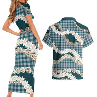 Dark Cyan Hawaii Tiare and Shell Lei Couples Matching Short Sleeve Bodycon Dress and Hawaiian Shirt Hawaiian Palaka Luxury Vibes LT14 - Polynesian Pride