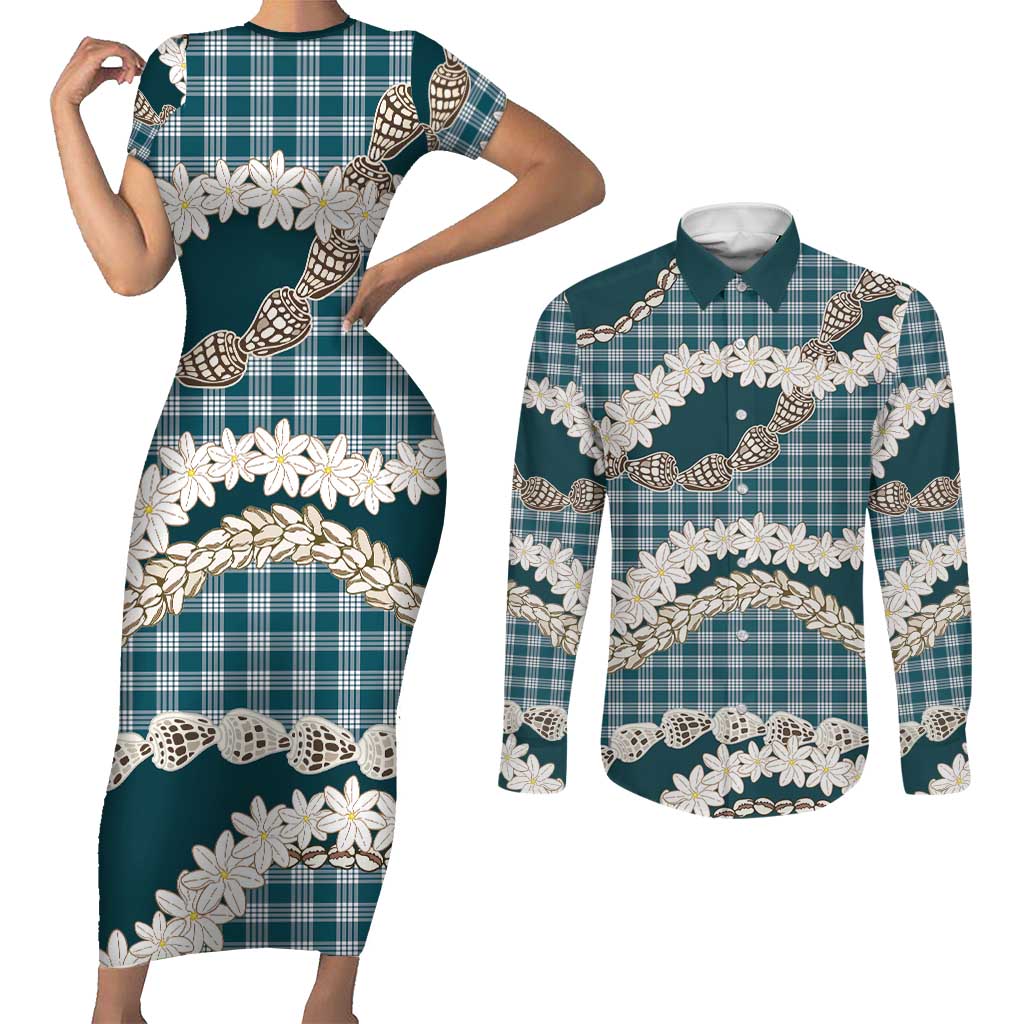 Dark Cyan Hawaii Tiare and Shell Lei Couples Matching Short Sleeve Bodycon Dress and Long Sleeve Button Shirt Hawaiian Palaka Luxury Vibes - Polynesian Pride