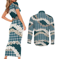 Dark Cyan Hawaii Tiare and Shell Lei Couples Matching Short Sleeve Bodycon Dress and Long Sleeve Button Shirt Hawaiian Palaka Luxury Vibes LT14 - Polynesian Pride