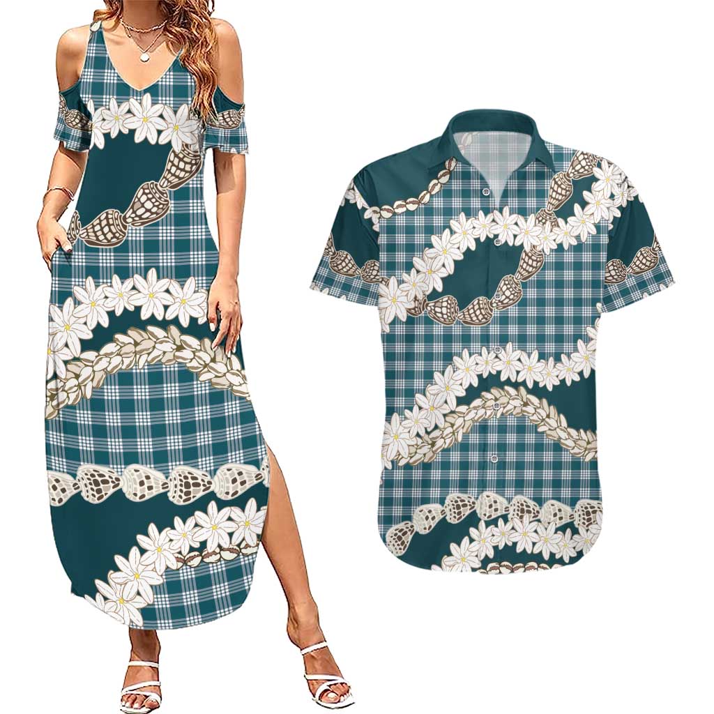 Dark Cyan Hawaii Tiare and Shell Lei Couples Matching Summer Maxi Dress and Hawaiian Shirt Hawaiian Palaka Luxury Vibes - Polynesian Pride