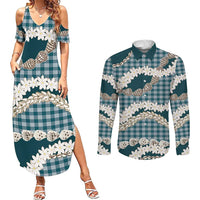 Dark Cyan Hawaii Tiare and Shell Lei Couples Matching Summer Maxi Dress and Long Sleeve Button Shirt Hawaiian Palaka Luxury Vibes - Polynesian Pride