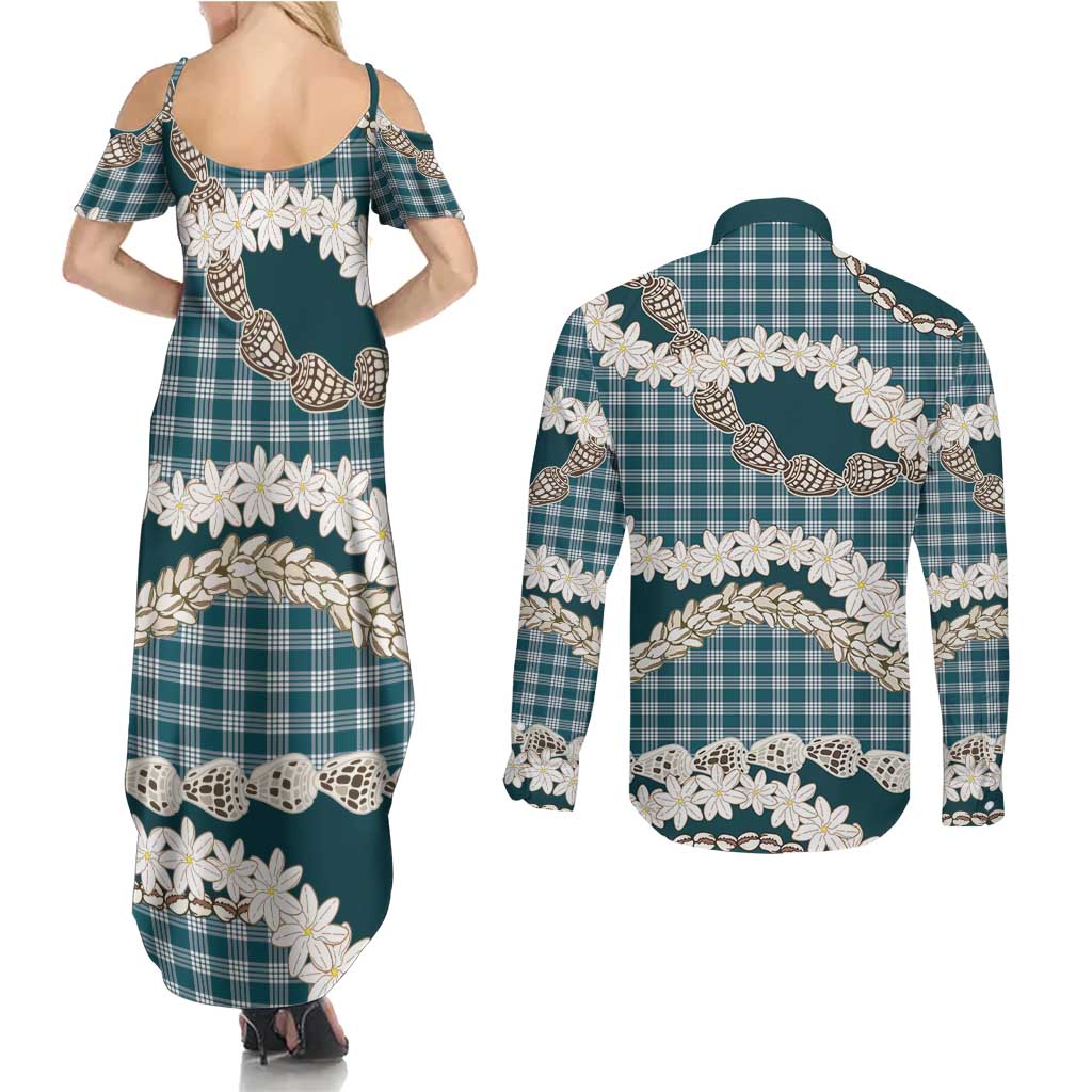 Dark Cyan Hawaii Tiare and Shell Lei Couples Matching Summer Maxi Dress and Long Sleeve Button Shirt Hawaiian Palaka Luxury Vibes - Polynesian Pride
