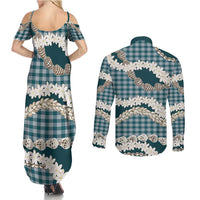 Dark Cyan Hawaii Tiare and Shell Lei Couples Matching Summer Maxi Dress and Long Sleeve Button Shirt Hawaiian Palaka Luxury Vibes - Polynesian Pride