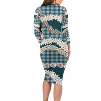 Dark Cyan Hawaii Tiare and Shell Lei Family Matching Long Sleeve Bodycon Dress and Hawaiian Shirt Hawaiian Palaka Luxury Vibes LT14 - Polynesian Pride