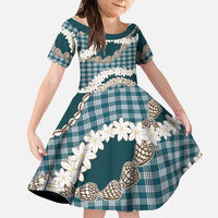 Dark Cyan Hawaii Tiare and Shell Lei Family Matching Mermaid Dress and Hawaiian Shirt Hawaiian Palaka Luxury Vibes LT14 Daughter's Dress Dark Cyan - Polynesian Pride