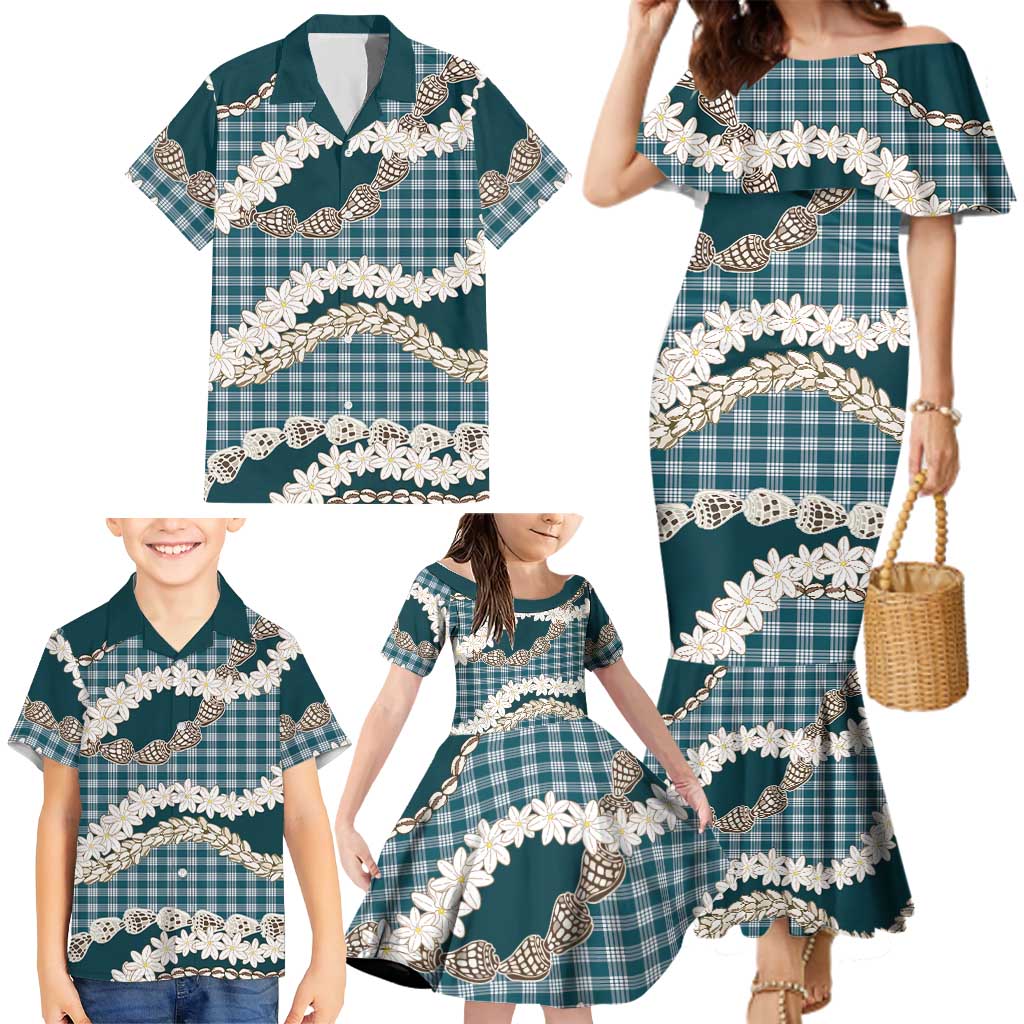 Dark Cyan Hawaii Tiare and Shell Lei Family Matching Mermaid Dress and Hawaiian Shirt Hawaiian Palaka Luxury Vibes LT14 - Polynesian Pride