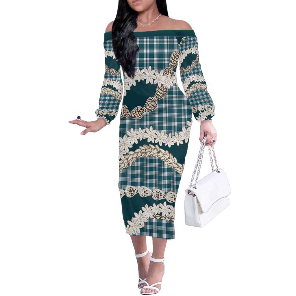 Dark Cyan Hawaii Tiare and Shell Lei Family Matching Off The Shoulder Long Sleeve Dress and Hawaiian Shirt Hawaiian Palaka Luxury Vibes LT14 Mom's Dress Dark Cyan - Polynesian Pride