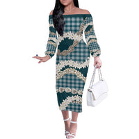 Dark Cyan Hawaii Tiare and Shell Lei Family Matching Off The Shoulder Long Sleeve Dress and Hawaiian Shirt Hawaiian Palaka Luxury Vibes LT14 Mom's Dress Dark Cyan - Polynesian Pride