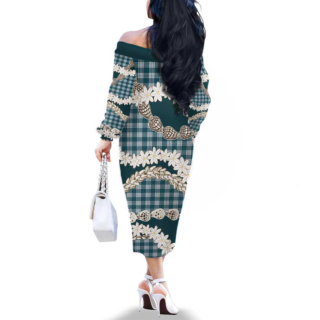 Dark Cyan Hawaii Tiare and Shell Lei Family Matching Off The Shoulder Long Sleeve Dress and Hawaiian Shirt Hawaiian Palaka Luxury Vibes LT14 - Polynesian Pride
