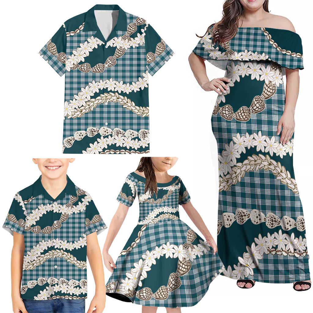 Dark Cyan Hawaii Tiare and Shell Lei Family Matching Off Shoulder Maxi Dress and Hawaiian Shirt Hawaiian Palaka Luxury Vibes - Polynesian Pride