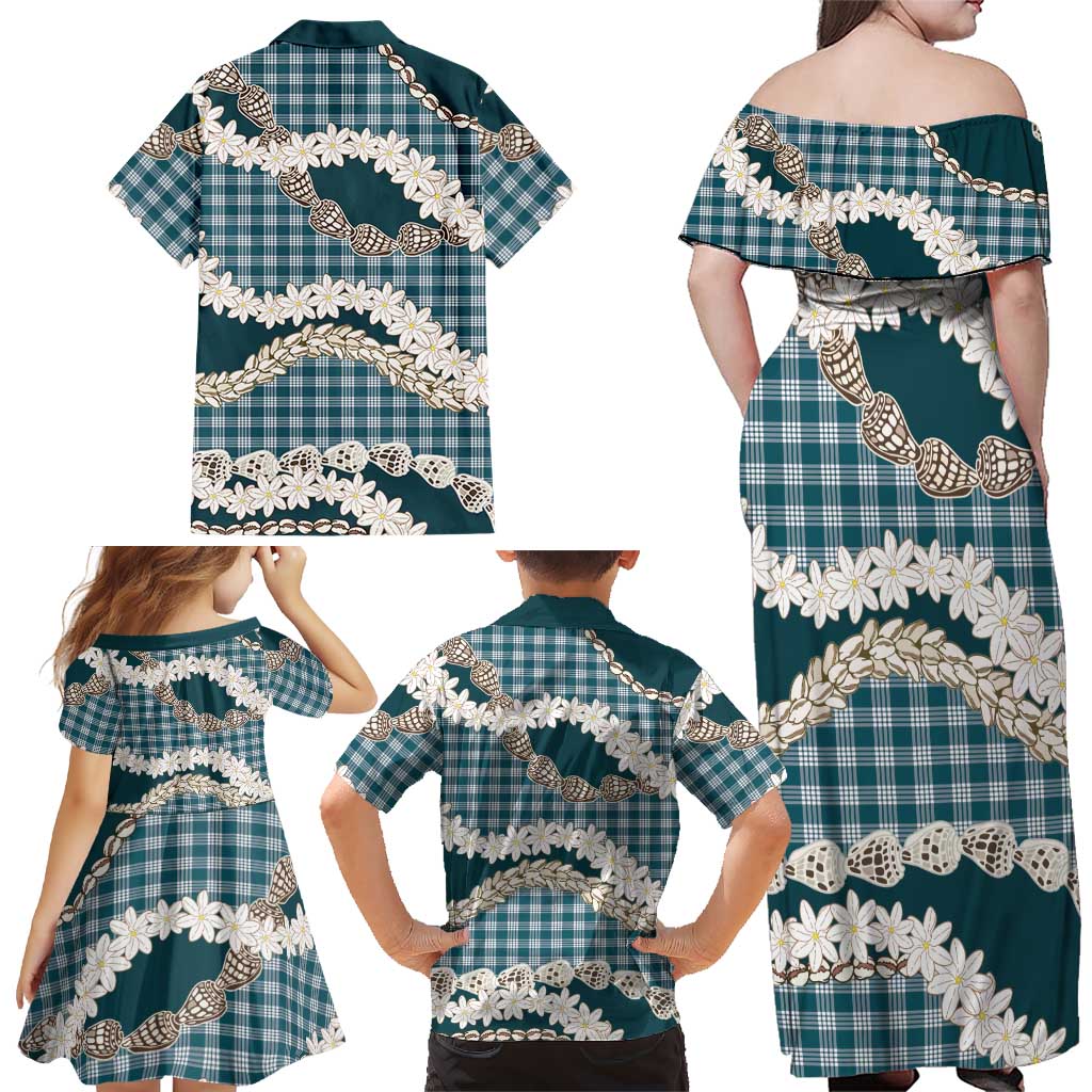 Dark Cyan Hawaii Tiare and Shell Lei Family Matching Off Shoulder Maxi Dress and Hawaiian Shirt Hawaiian Palaka Luxury Vibes LT14 - Polynesian Pride