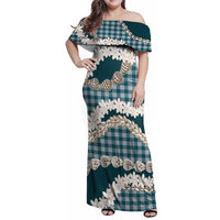 Dark Cyan Hawaii Tiare and Shell Lei Family Matching Off Shoulder Maxi Dress and Hawaiian Shirt Hawaiian Palaka Luxury Vibes LT14 Mom's Dress Dark Cyan - Polynesian Pride