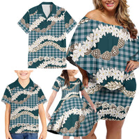 Dark Cyan Hawaii Tiare and Shell Lei Family Matching Off Shoulder Short Dress and Hawaiian Shirt Hawaiian Palaka Luxury Vibes LT14 - Polynesian Pride