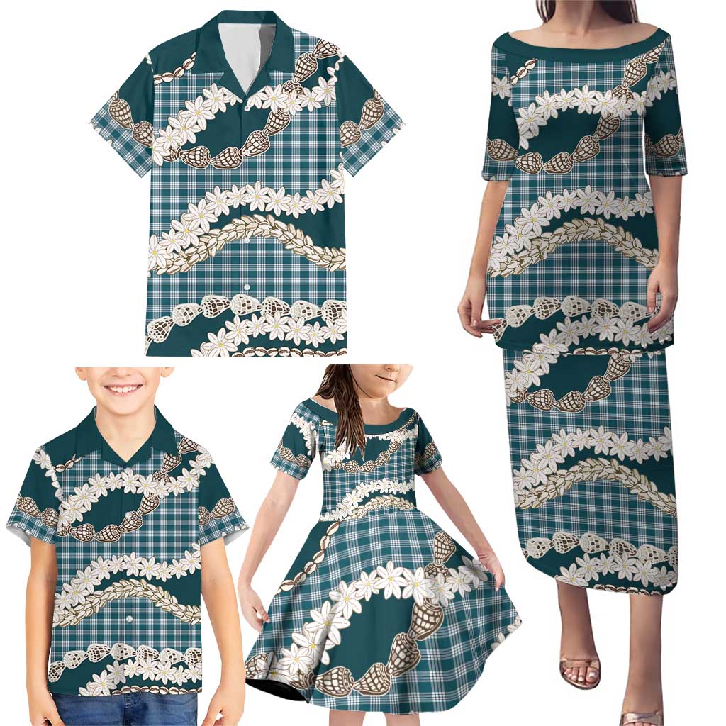 Dark Cyan Hawaii Tiare and Shell Lei Family Matching Puletasi and Hawaiian Shirt Hawaiian Palaka Luxury Vibes LT14 - Polynesian Pride