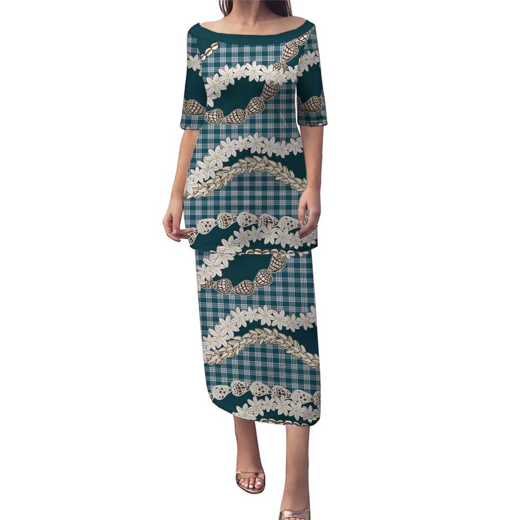 Dark Cyan Hawaii Tiare and Shell Lei Family Matching Puletasi and Hawaiian Shirt Hawaiian Palaka Luxury Vibes LT14 Mom's Dress Dark Cyan - Polynesian Pride