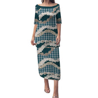 Dark Cyan Hawaii Tiare and Shell Lei Family Matching Puletasi and Hawaiian Shirt Hawaiian Palaka Luxury Vibes LT14 Mom's Dress Dark Cyan - Polynesian Pride